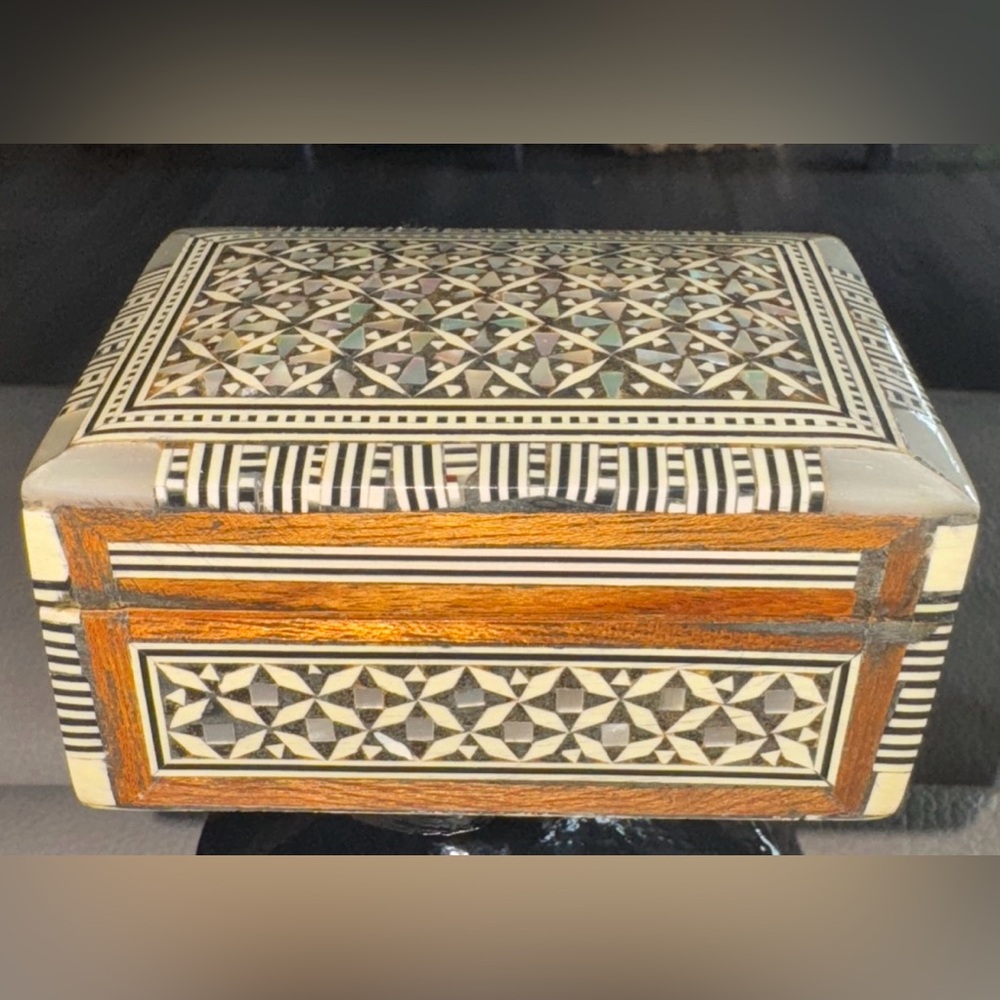 Micro Mosaic Box Mother of Pearl Inlay Wood Trinket Box Red Velvet Liner Egypt